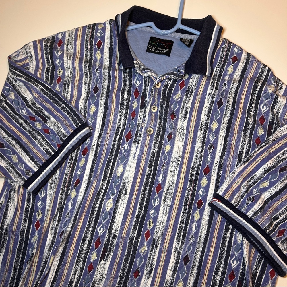 Greg Norman Collection Blue and White Striped Button Down Shirt, Size Large